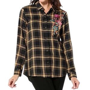 IMAN Plaid Button Down Shirt Embroidered Floral Long Sleeve Blouse Size 1X
